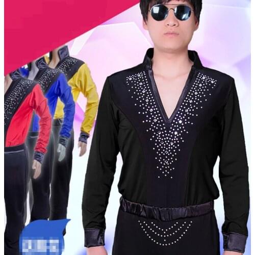 Latin Dance Shirts Men Long Sleeve V Neck Sequin Diamond Tops Ballroom Shirt Practice Wear Competition Dancing Clothes