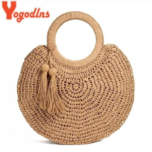 Yogodlns Summer Round Straw Bag Women Large Capacity Rattan Beach Bags Hot Tassel Handbag Bohemia Weave Totes Bag Travel Pouch