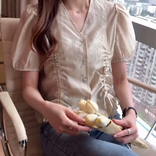 Pleated chiffon shirt short-sleeved womens summer 2021 new V-neck drawstring slim short design blouse blouse