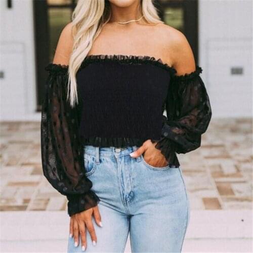 Women Fashion Solid Color T-shirt Sexy Mesh Yarn Perspective Long Sleeve Off-shoulder Exposed Navel Tops Black Elastic T-shirts