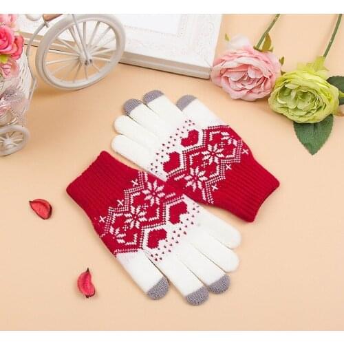 Women Men Snow Knitted Gloves Heart Snowflake Mittens Use Smartphone Screen Wool-Knit Warmer Gloves