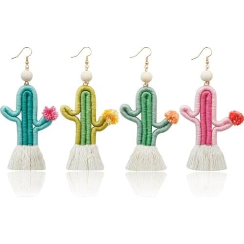 Creativity Cotton Thread Wrapped Cactus Earrings for Women 2021 Summer Mini Wooden Bead Weave Tassel Earrings Jewelry Wholesale
