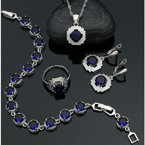 925 Sterling Silver Jewelry Set Blue Round Cubic Zirconia Geometric Earrings Open Ring Pendant Chain Bracelet for Women