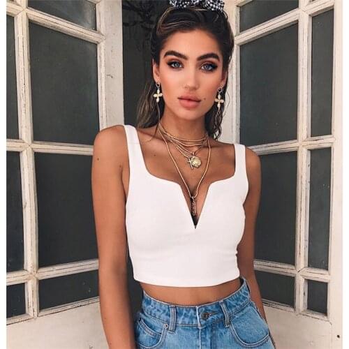 2020 Summer Women Backless Slim High Street Vest Crop top Deep V Neck Sleeveless tank tops Sexy Fashion Female Solid White Black