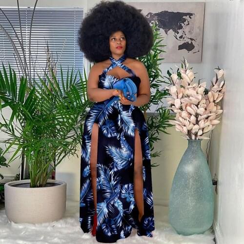 XL-5XL plus size cross halter long dress women sleevelss hollow out double side high split dresses ladies clubwear loose vestido