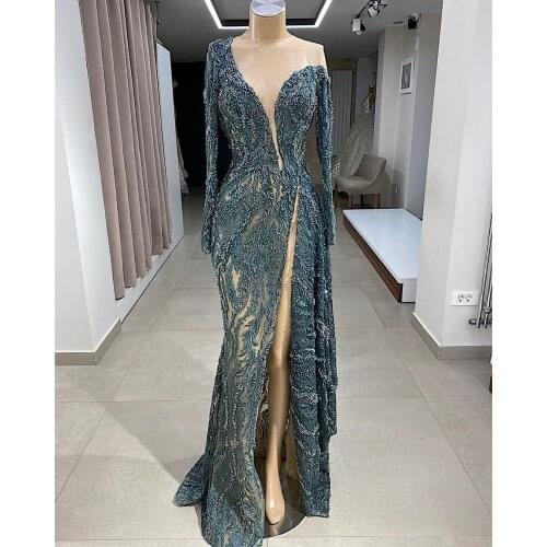 2021 Arabic Navy Split Prom Dresses Luxury Beading Sequined Long Sleeve Women Plus Size Formal Evening Gowns