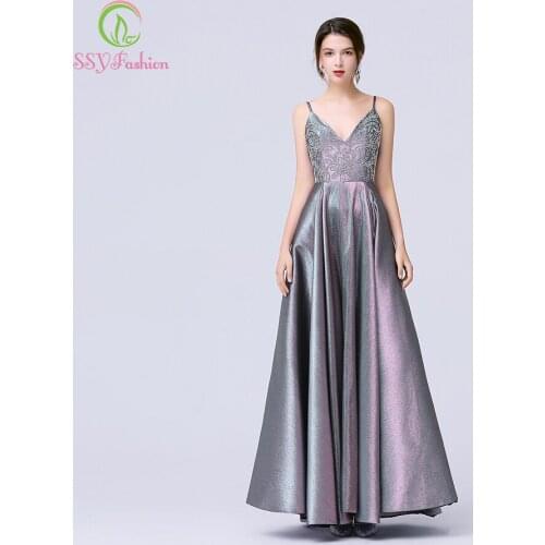 SSYFashion New Luxury Purple Evening Dress Sexy V-neck Backless Sparkling Beading Long Formal Dress Prom Gown Vestido De Noche