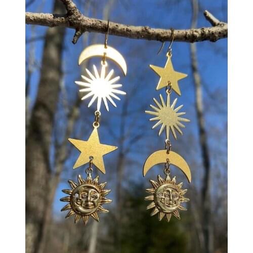 Asymmetrical Celestial Earrings Sun Moon Star Earrings Gold Plated