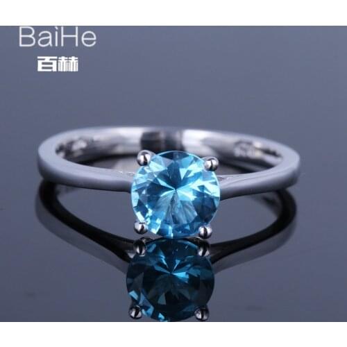 BAIHE Solid 14K White Gold 1.2CT Blue Topaz Wedding Engagement Gift Wedding Ring Fine Jewely Blue Topaz Ring for Women