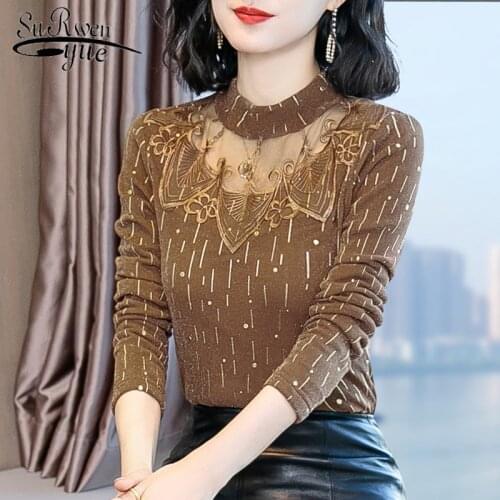 Blusas Mujer De Moda 2021 Korean Fashion Hollow Out Women Tops Casual Long Sleeve Lace Blouse Turtleneck Clothes 7710 50