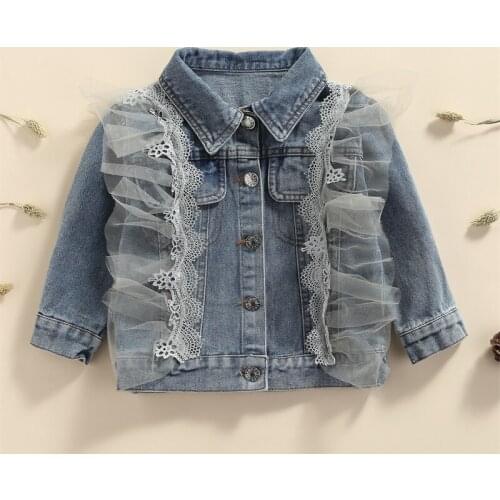 2021 New Children Autumn Coat Gauze Stitching Shirt-Collar Long Sleeve Button-Open Denim Jacket for Girls 2-8 Years