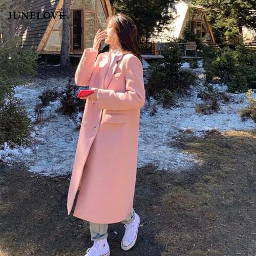 JuneLove Women 2021 Winter Elegant Double Breasted Blazer Woolen Coats Female Solid Thick Warm Outerwears Lady Korean Long Coats