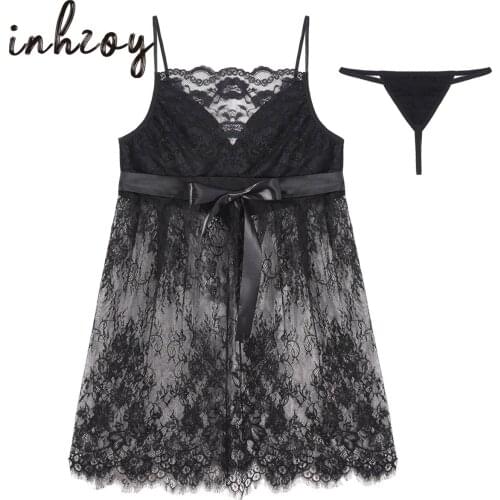 Women Sexy sheer Mesh Nightwear Set Adjustable Straps Black Dress Lace with Thong Nightwear Lingerie Underwear