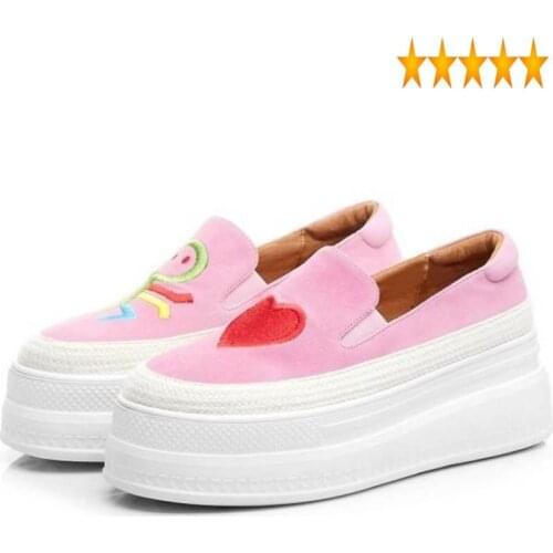 Thick Pink Platform Women Sole 2021 Spring New Genuine Leather Ladies Loafers Round Toe Slip-On Embroider Casual Shoes
