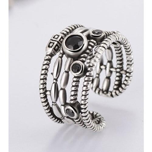 Milangirl Hot Sale Silver Color Hemp Rope Black Crystal Rhinestone Zircon Female Metal Opening Ring for Women Party Jewelry