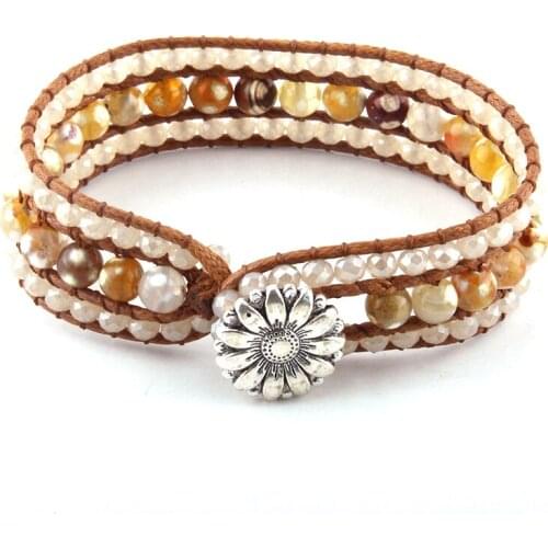 Fashion Beautiful Energy Beaded Jewelry Handmade Beige Crystal Glass and Brown Stone Wrap Bracelets Bangles Drop Ship
