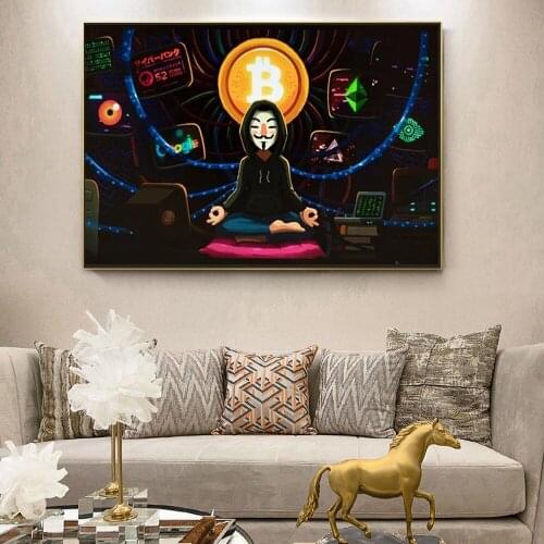 Canvas Painting Nordic Poster Bitcoin Anonymous Meditation Wall Art Print Pictures For Living Kids Room Decoration Home Decor