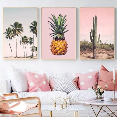 Pink Cactus Pineapple Blue Sea Beach Wall Art Canvas Painting Nordic Posters And Prints Wall Pictures For Living Room Decor