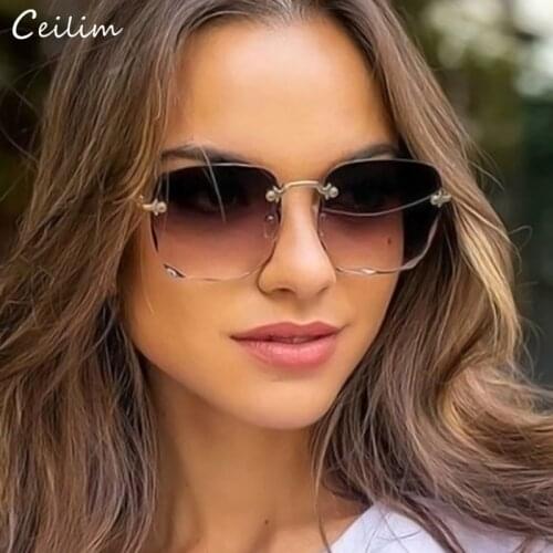 2021 New Gradient Sunglasses Women Luxury Brand Rimless Square Sun Glasses Lady Retro Oversized Clear Frameless Shades UV400
