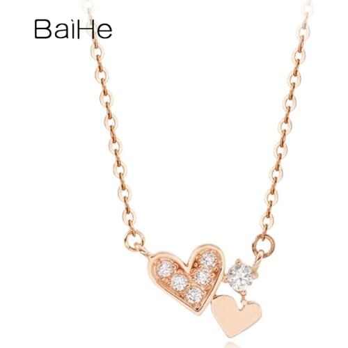 BAIHE Solid 18K Rose Gold 0.09CT Round Natural Diamonds Women Engagement Jewelry Vintage Gift Simple heart pendant Necklaces