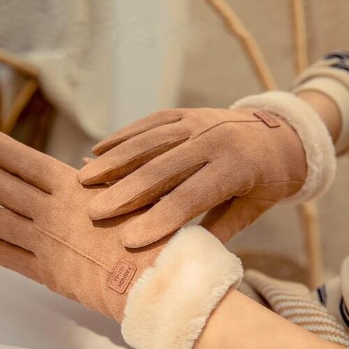 2020 Luxury Suede Gloves Mitts Full Finger Mittens Right Index Finger Screen Glove Velvet Thick Women Winter Warm