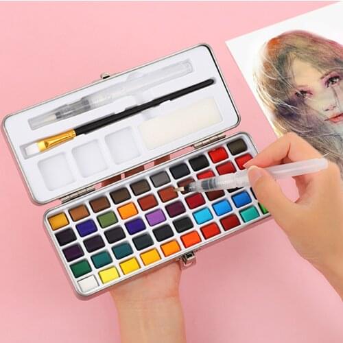 50 Colors Portable Travel Solid Pigment Watercolor Paints Set With WaterColor Brush Pen for Beginners Enthusiasts Professional