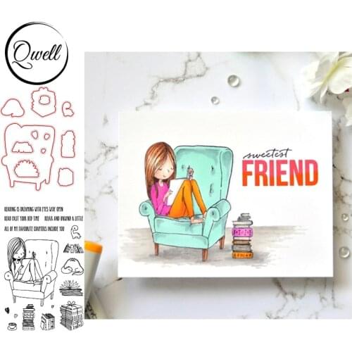 QWELL A Stack of Books Metal Cutting Dies With Clear Stamps Set Girl Sitting On Sofa Reading Time DIY Scrapbooking Craft 2020