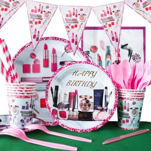 Spa Make Up Birthday Makeup Disposable Tableware with Plates Cup Napkins Balloons More for Girls Baby Shower Birthday Decoration
