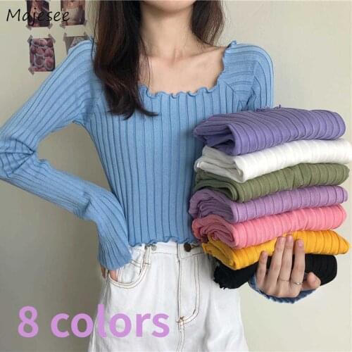 Sweaters Pullovers Women Square Collar Knitted Sweet Candy Colors Slim Cozy Elasticity Leisure All-match Style Clothing Female