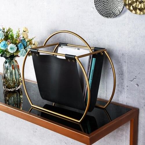 Free Standing Metal Creative Design Round Leather Magazine Rack Desktop Folder Book File Newspapers Holder for Office Home Table