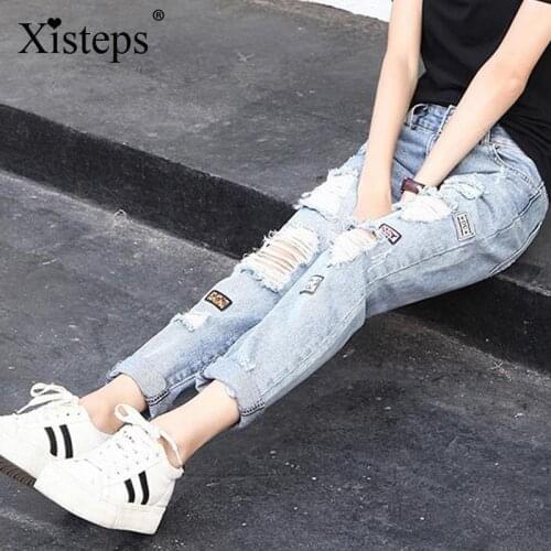 Xisteps Jeans Woman Ripped Holes Ladies Denim Pants Vintage Boyfriend Harem Jeans Appliques Femme Loose Pantalones Plus Size