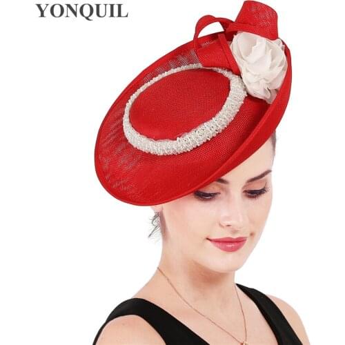 Elegant Women Bride Big Red Hats And Fascinators For Weddings Handmade Flowers Headpiece Tulle Princess Bride Hair Accessories
