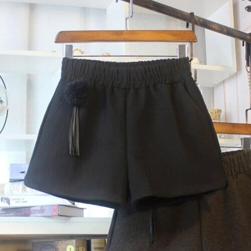 Women Solid Color Casual Wide Leg Shorts Woolen Double Pocket High Waist Autumn Winter Boots Shorts