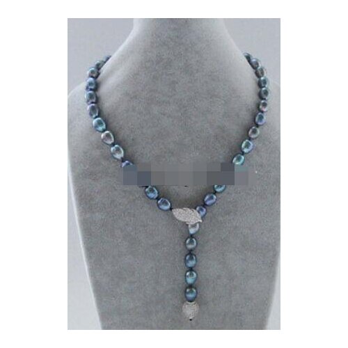 P7447-18" 9-10mm black baroque rice shape freshwater pearl necklace - 925silver