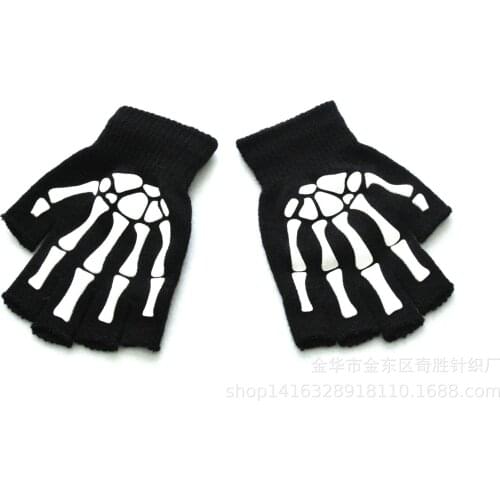 Winter Warm Knitted Gloves Unisex Adult Halloween Skeleton Skull Half Finger Gloves Glow in the Dark Riding non-slip Mittens