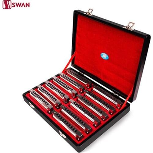 12Pcs/set Swan 10 Hole 20 Tone Harmonica Senior Diatonic Blues Harp A/B/C--F#/G# Key Mouth Organ Sliver Color With Gift Box
