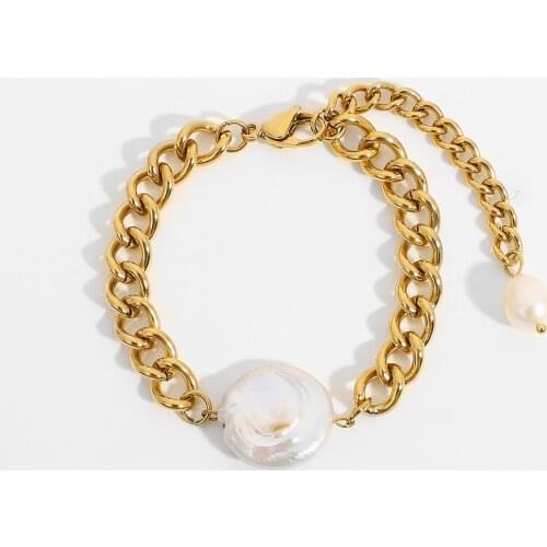 18K Gold Plated Stainless Steel Baroque Freshwater Party Jewelry For Women Miami Cuban Chain Chunky Bracelets
