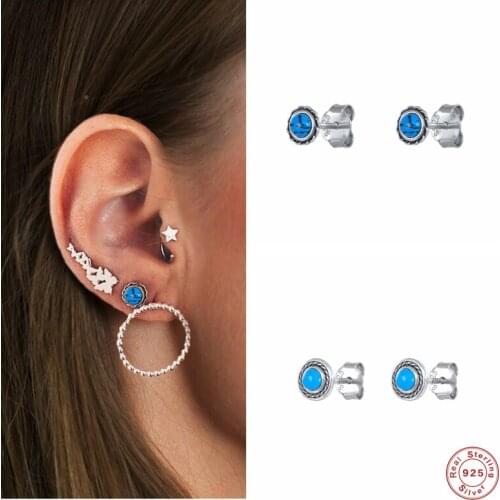 Aide 925 Sterling Silver Round Blue Turquoise Stud Earrings For Women Tiny Retro Ear Studs Piercing Ohrringe Luxury Fine Jewelry