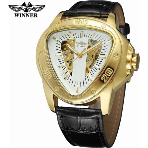 Winner Automatic Mechanical Men Watch Racing Sports Design Triangle Skeleton Wristwatch Top Brand Luxury Golden Black Leather