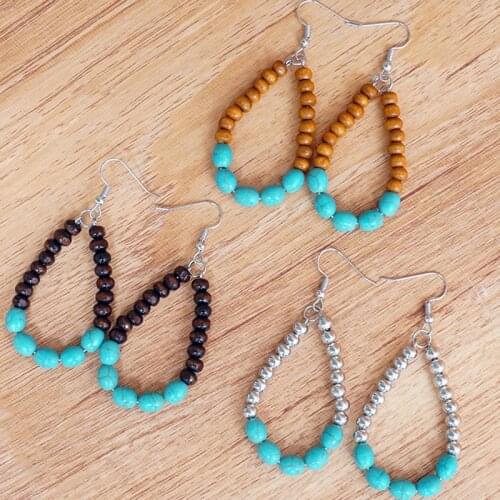 Turquoise Wood Beads Teardrop Dangle Drop Earrings for Women Vintage Water Drop Jewelry Fashion Trendy Gift