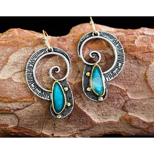 Boho Ethnic Blue Stone Spirals Earrings for Women Vintage Handmade Metal Swirl Shape Drop Earring Aretes De Mujer Modernos 2020