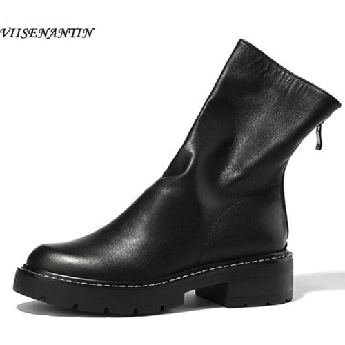 Thick Sole Mid-tube Autumn Soft Real Leather Round Toe New Thick Mid-heel Zipper Short Inverted Boots Sewing Platform Warm Shoes