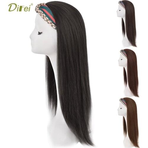 DIFEI 26 Inch Black Bob Long Straight Wig With Hair Band Synthetic Half a Head Wigs for Women Daily Party Wear