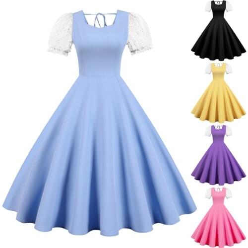 Womens Vintage Patchwork Keyhole Mesh Cocktail Swing Dress Retro 50s 60s A Line Rockabilly Casual Slim Fit Dress