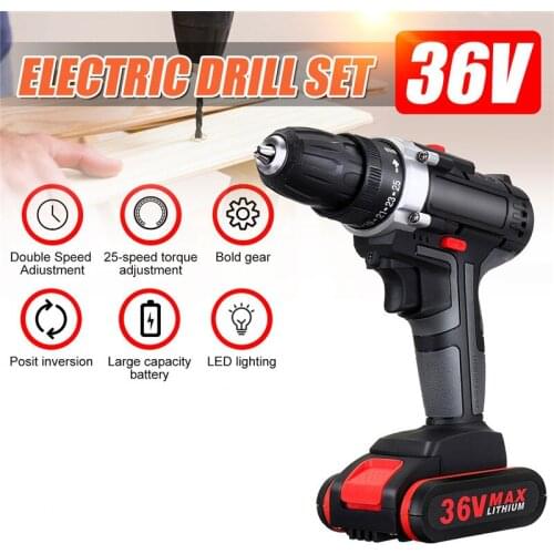 36V Electric Cordless Screwdriver Drill 25-Speed Adjustment with LED Worklight Wood Drilling Wireless Power Tool with Battery