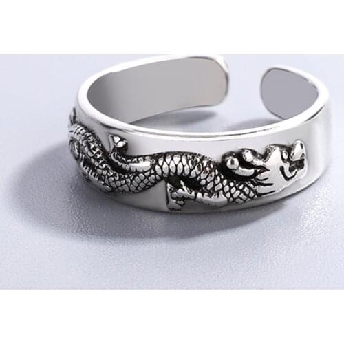 Chinese Style Retro Animal Zodiac Dragon Ring with Silver Plated Opening Adjustable Ring Personality Womens Fortune Jewelry