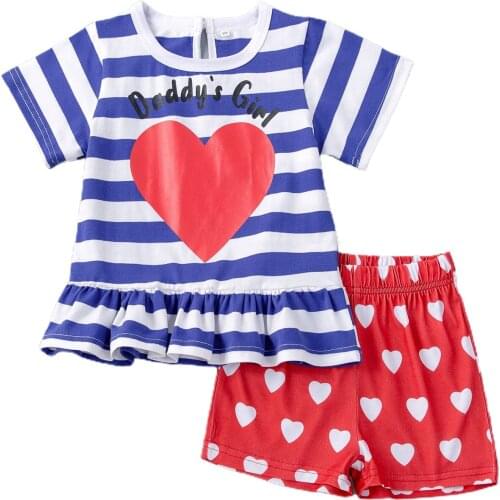 2 Pieces Nightwear Set, Kids Striped Round Neck Short Sleeve Tops+ Heart Print Shorts for Summer