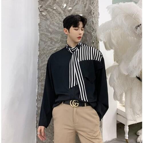 Men Stripe Splice Casual Long Sleeve Shirt Japan Harajuku Streetwear Male Tie Collar Dress Shirts Party Clothing