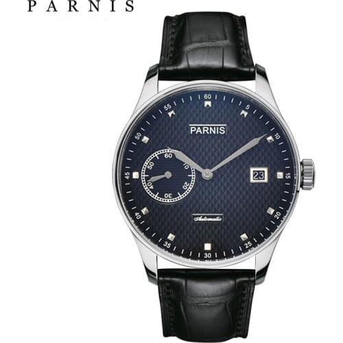 New Parnis 43mm Black Dial Automatic Mens Watch Power Reserve Calendar Leather Strap Mechanical Watches relogio masculino 2021