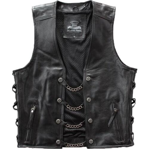 Mens Genuine Top Layer Cowhide Motorcycle Leather Vest Slim Short With Steel Chain Leather Vest Jacket Coat Plus Size 4XL